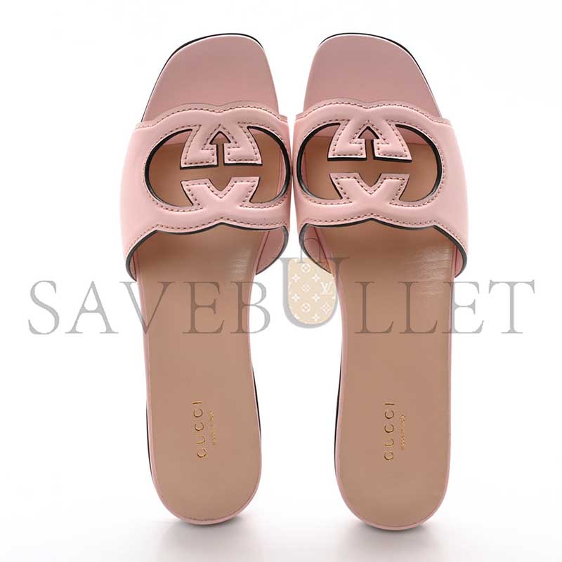 GUCCI COSMOS SOFTY CALFSKIN INTERLOCKING G CUT OUT SLIDE SANDALS CANDY COTTON 